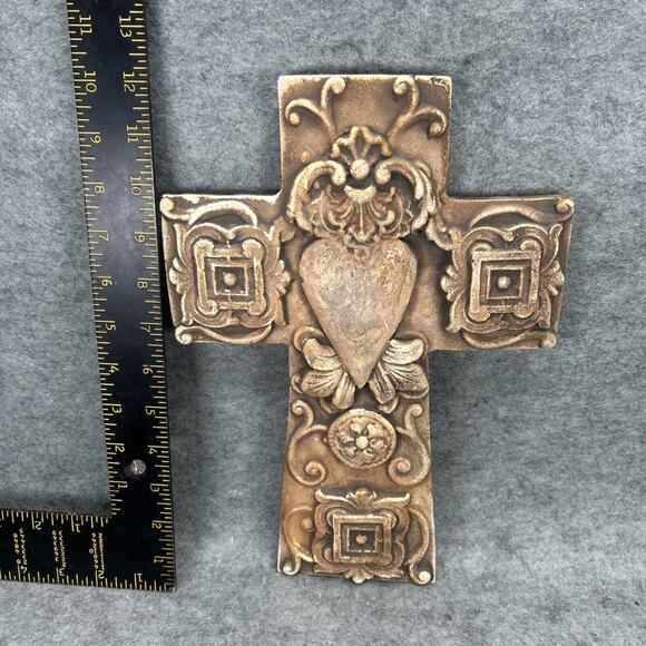 VTG Cross Heart Artstone Natural Stone Crucifix Heart Scroll Greensburg, LA USA - Picture 6 of 7